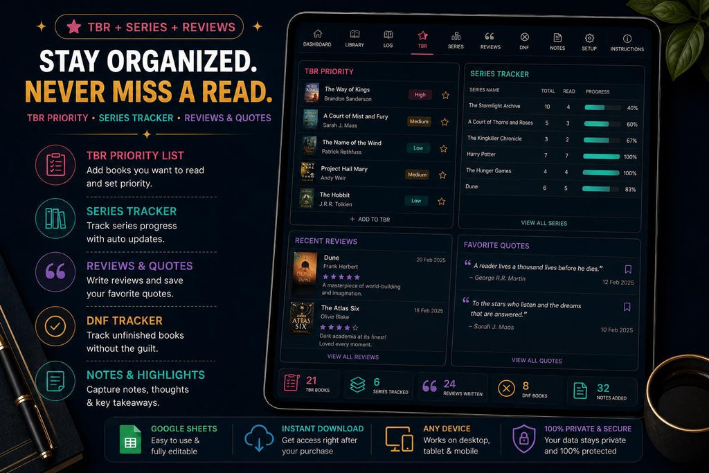 ADHD Book Tracker Google Sheets | Dark Academia Reading Journal (Digital Download)