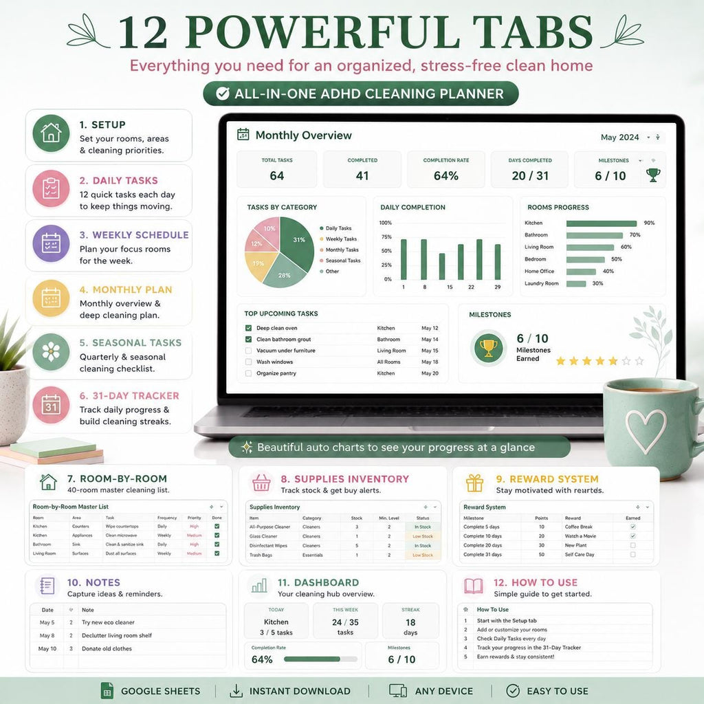 ADHD Cleaning Planner Google Sheets Chore Chart | 31-Day Tracker Schedule (Digital Download)