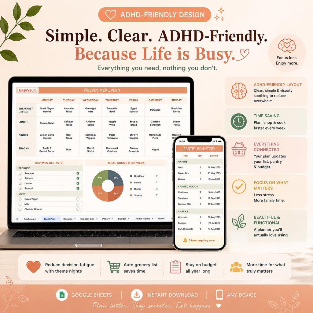 Weekly Meal Planner Google Sheets | Automated Grocery List, Recipe Tracker