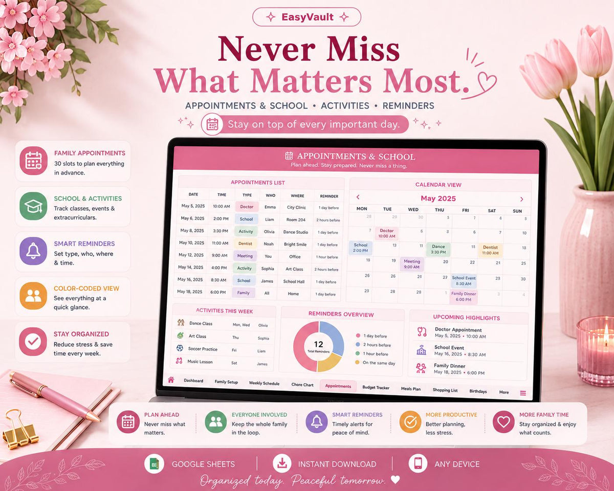 Family Command Centre Google Sheets Planner | Weekly Schedule, Chores, Budget (Digital Download)