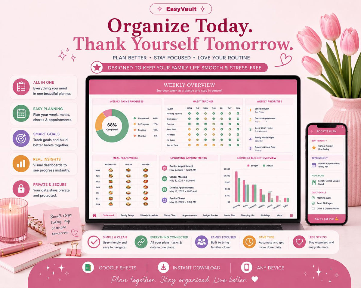 Family Command Centre Google Sheets Planner | Weekly Schedule, Chores, Budget (Digital Download)