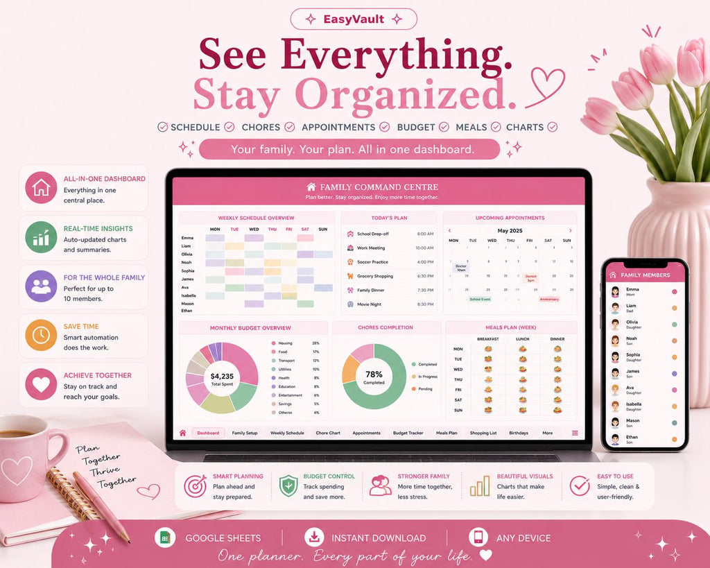 Family Command Centre Google Sheets Planner | Weekly Schedule, Chores, Budget (Digital Download)
