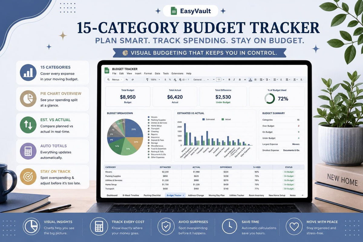 Moving House Checklist Google Sheets Planner | Budget, Timeline, Packing List (Digital Download)