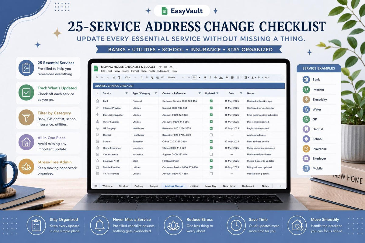 Moving House Checklist Google Sheets Planner | Budget, Timeline, Packing List (Digital Download)