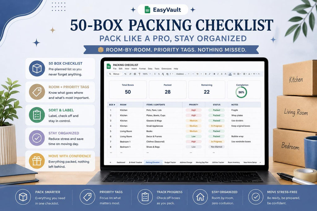 Moving House Checklist Google Sheets Planner | Budget, Timeline, Packing List (Digital Download)
