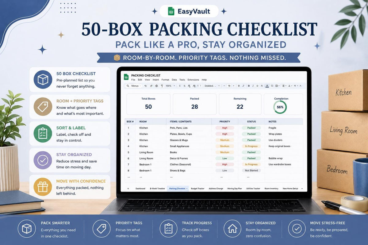 Moving House Checklist Google Sheets Planner | Budget, Timeline, Packing List (Digital Download)