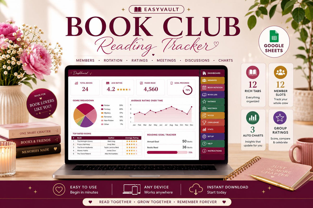 Book Club Tracker Google Sheets | Member Rotation, Ratings, Discussion Notes (Digital Download)