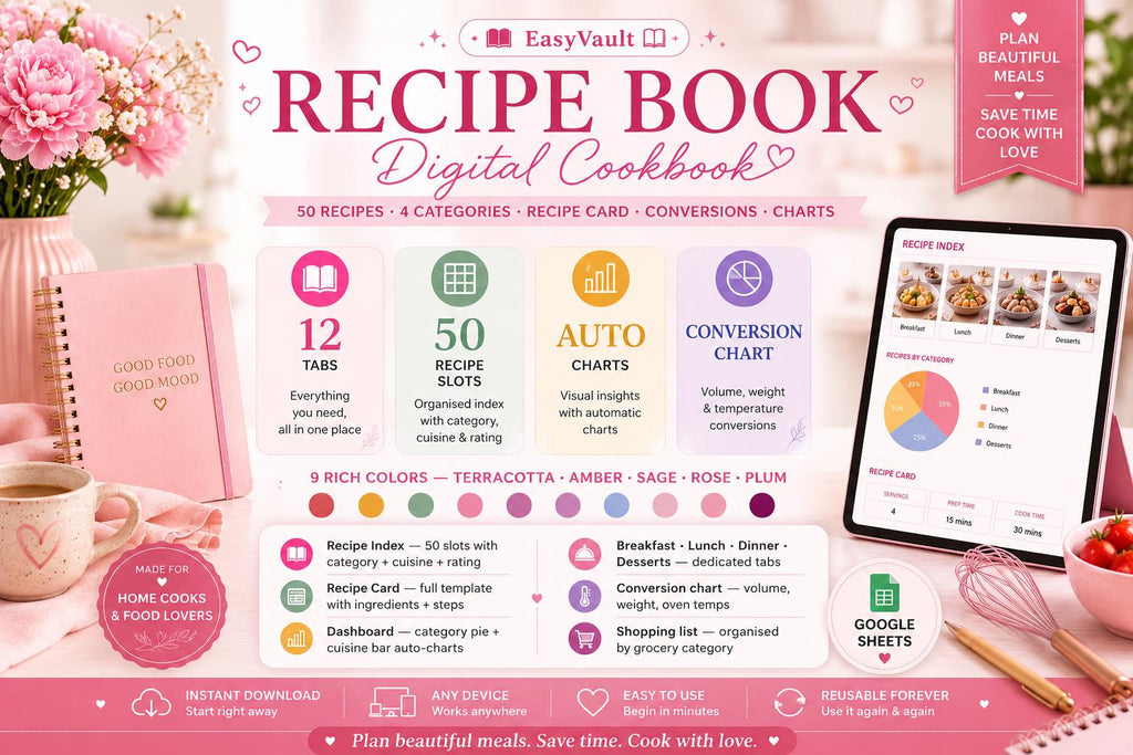 Editable Google Sheets Recipe Book | Digital Cookbook Organizer (50 Recipes)