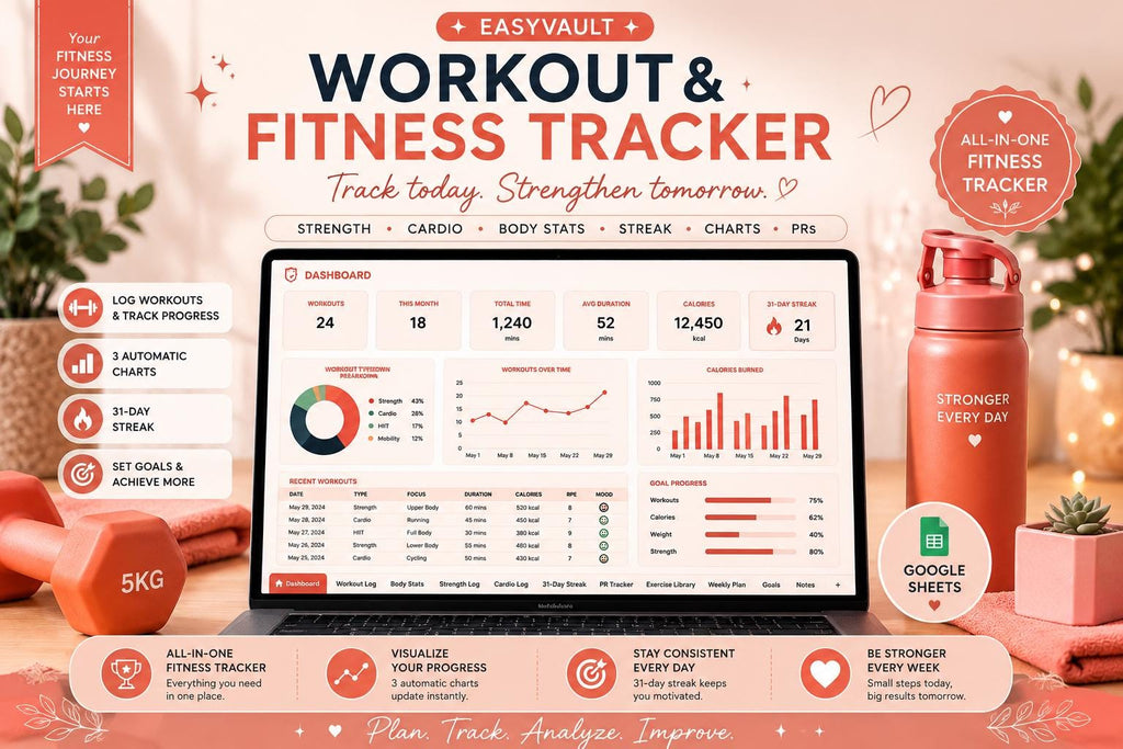 Workout Fitness Tracker Google Sheets | Strength Cardio Body Stats (Digital Download)