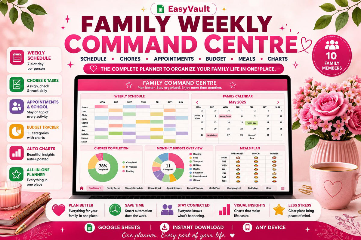 Family Command Centre Google Sheets Planner | Weekly Schedule, Chores, Budget (Digital Download)