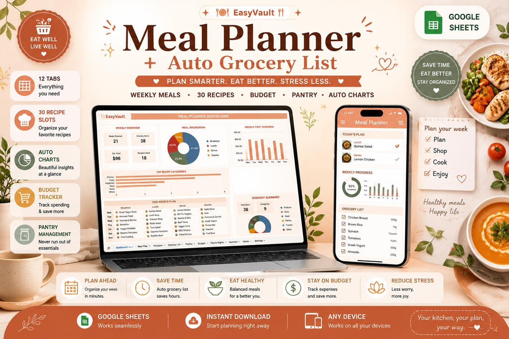 Weekly Meal Planner Google Sheets | Automated Grocery List, Recipe Tracker