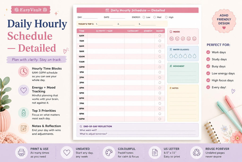 ADHD Weekly Hourly Schedule Planner (Undated, Colourful)
