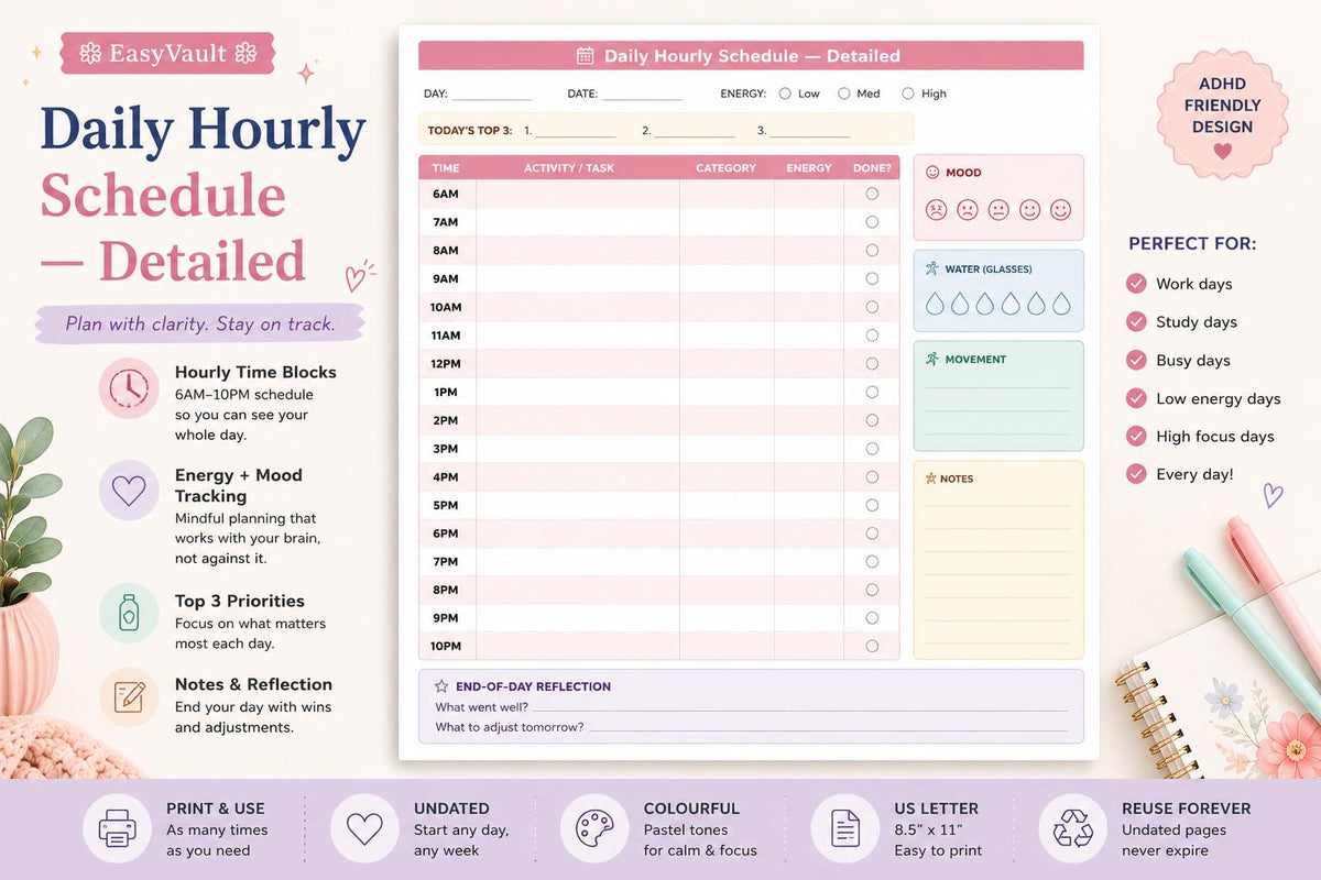 ADHD Weekly Hourly Schedule Planner (Undated, Colourful)