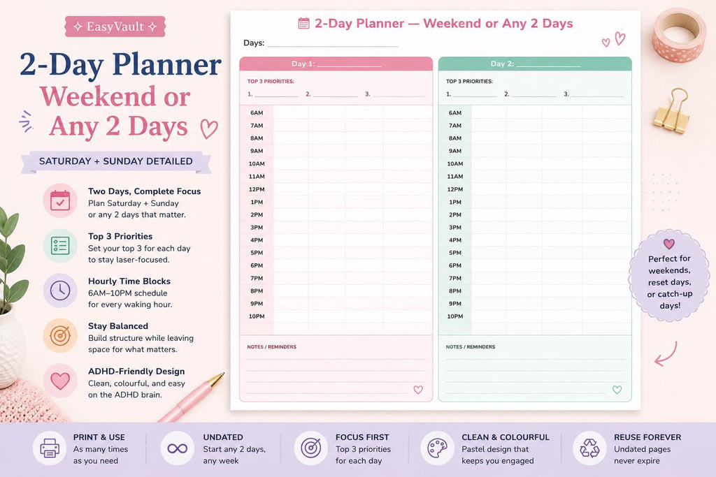 ADHD Weekly Hourly Schedule Planner (Undated, Colourful)