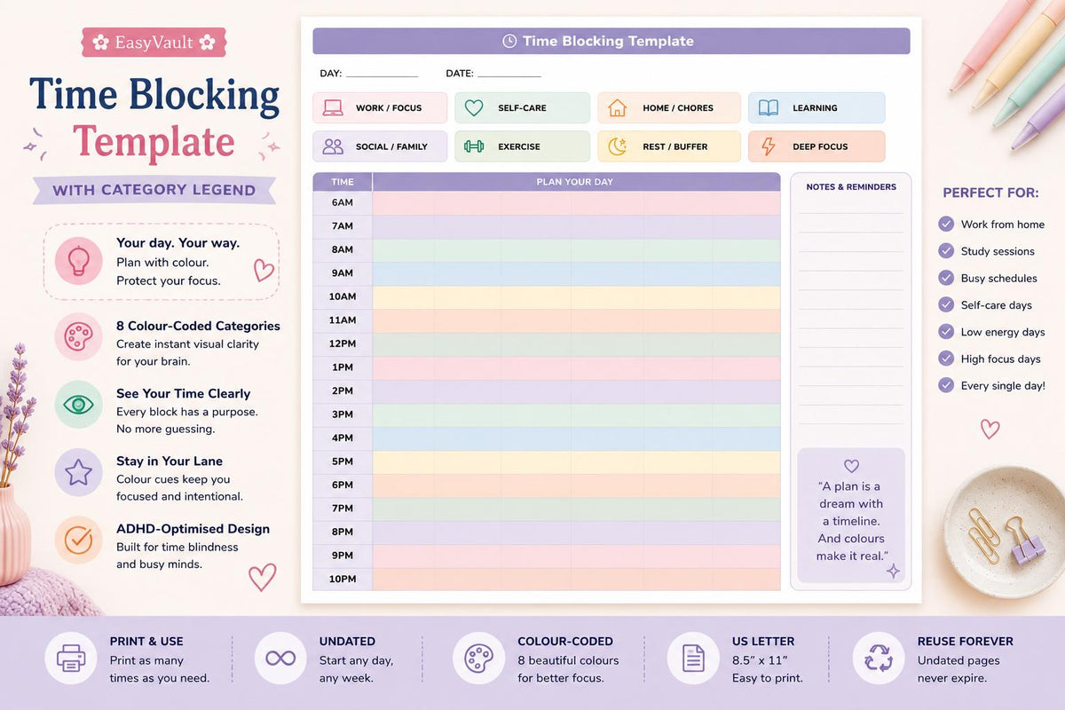 ADHD Weekly Hourly Schedule Planner (Undated, Colourful)