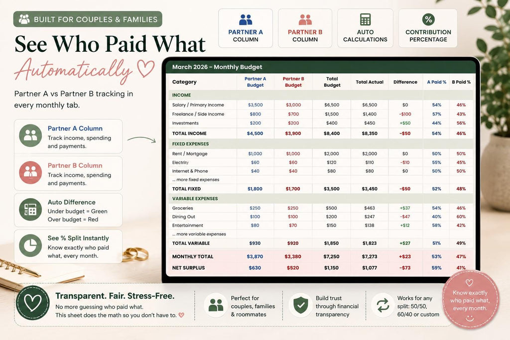 Couples Budget Spreadsheet | Joint Finance Tracker, Bill Split (Google Sheets)