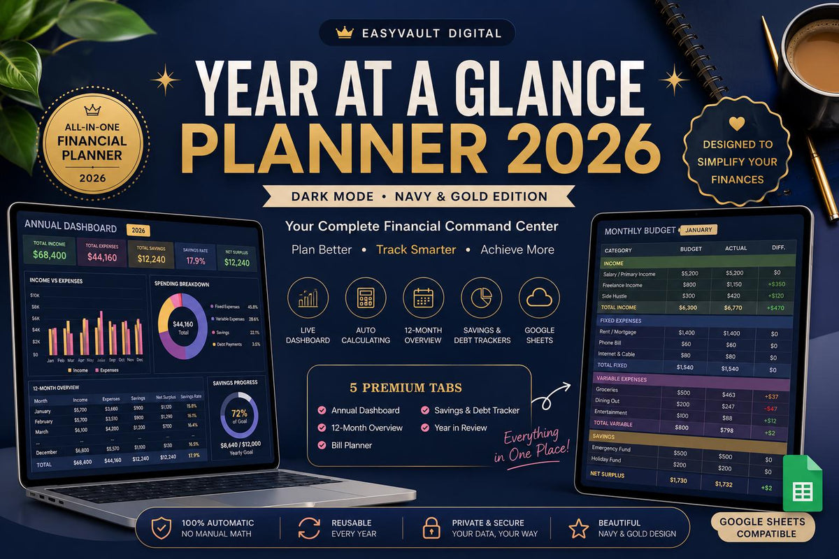 Year at a Glance Planner 2026 Dark Mode | Google Sheets Yearly Calendar | Annual Overview Planner