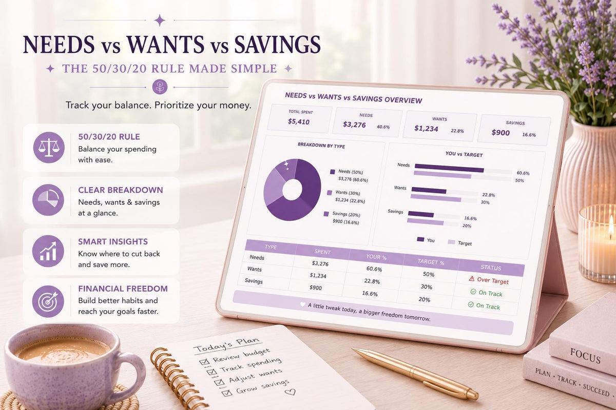 Spending Tracker Google Sheets: Left to Spend, Budget, Needs vs Wants (Digital Download)