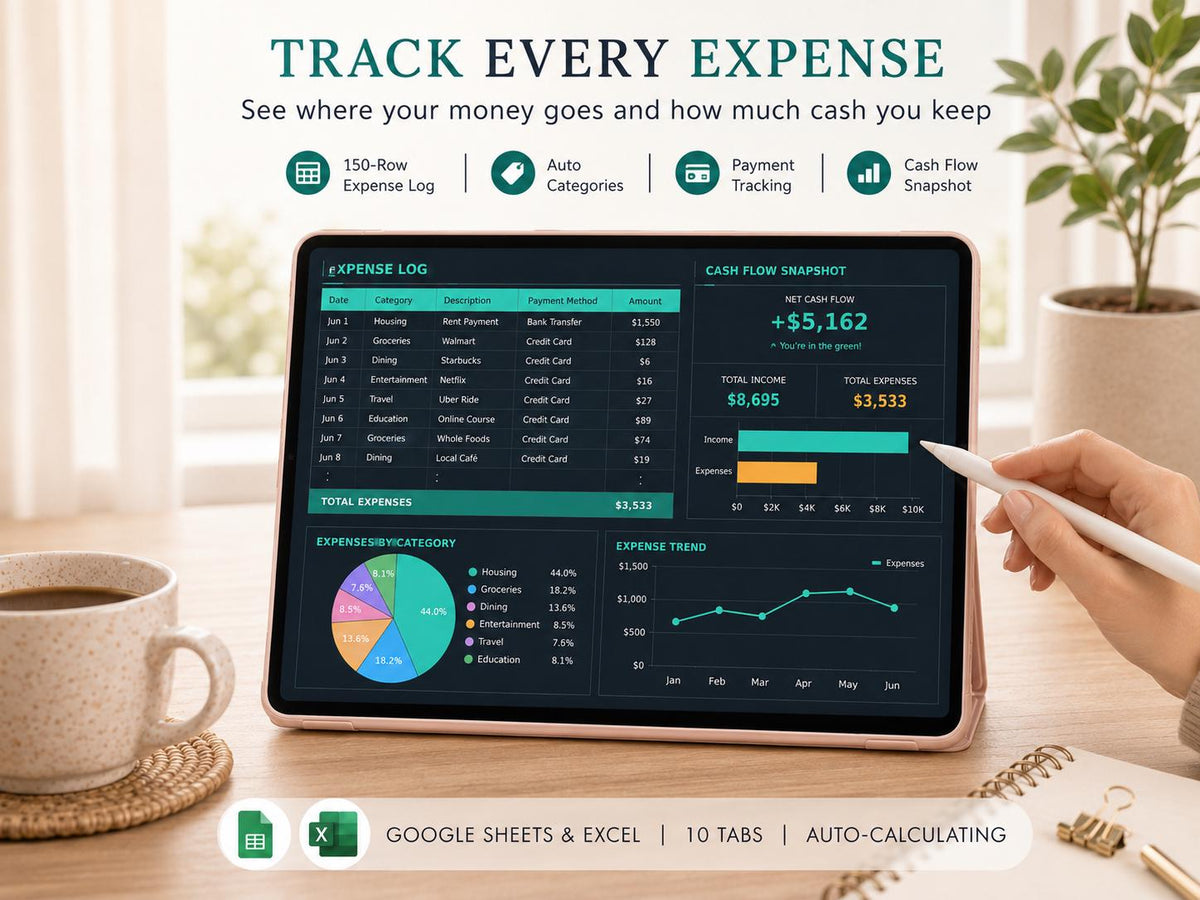 Dark Mode Personal Finance Dashboard: All-in-One Budget Tracker (Google Sheets)