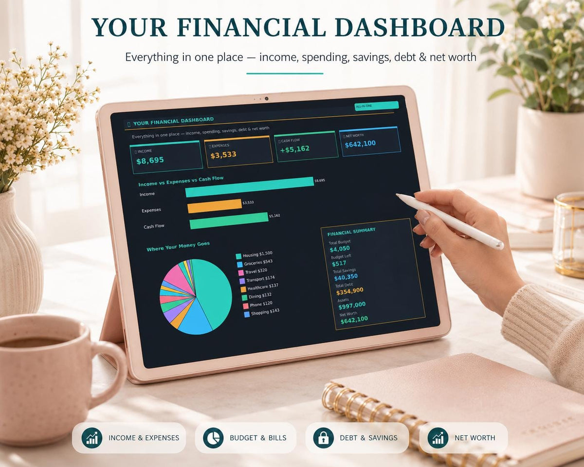 Dark Mode Personal Finance Dashboard: All-in-One Budget Tracker (Google Sheets)