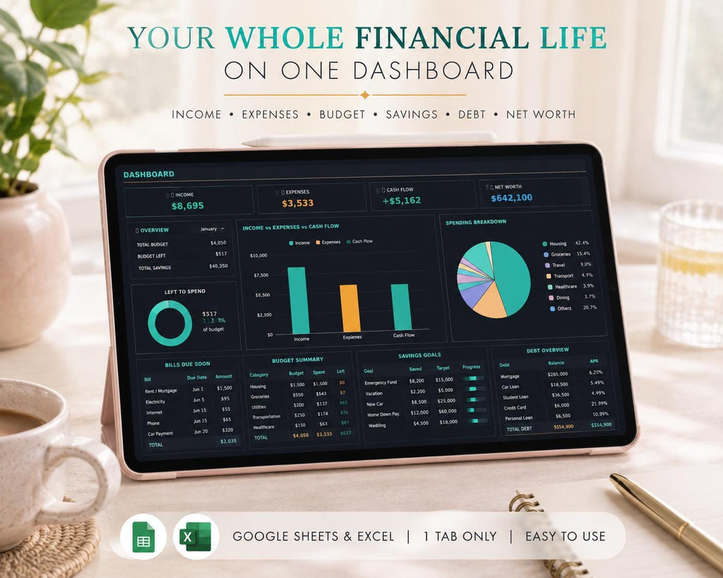 Dark Mode Personal Finance Dashboard: All-in-One Budget Tracker (Google Sheets)
