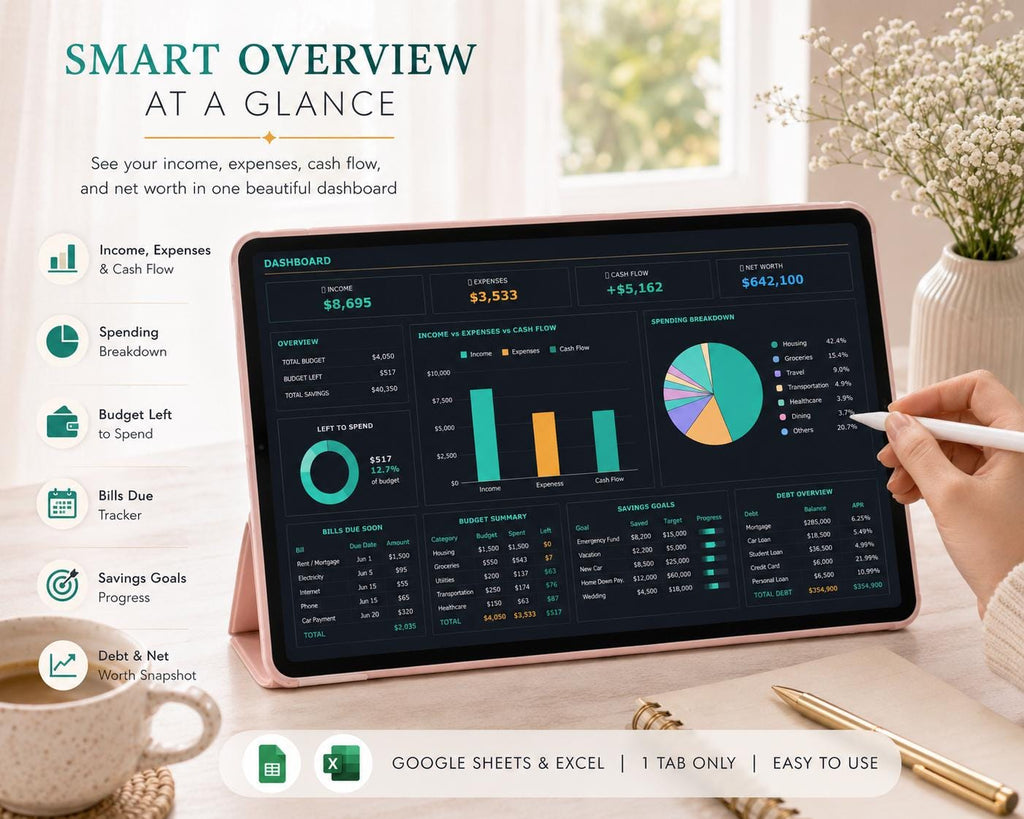 Dark Mode Personal Finance Dashboard: All-in-One Budget Tracker (Google Sheets)