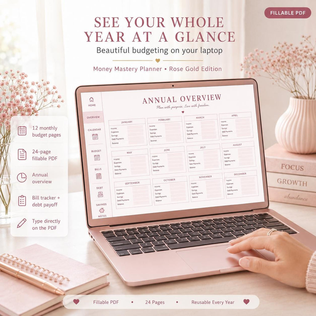 Money Mastery Annual Budget Planner: Fillable PDF, Rose Gold Design (Digital Download)