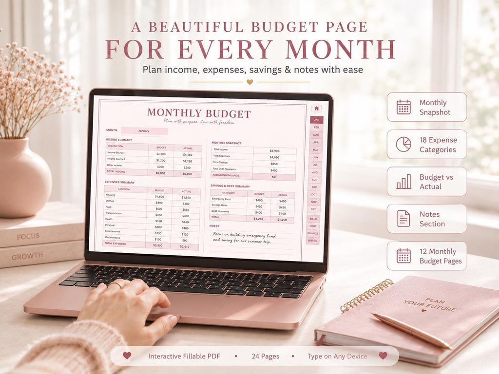 Money Mastery Annual Budget Planner: Fillable PDF, Rose Gold Design (Digital Download)