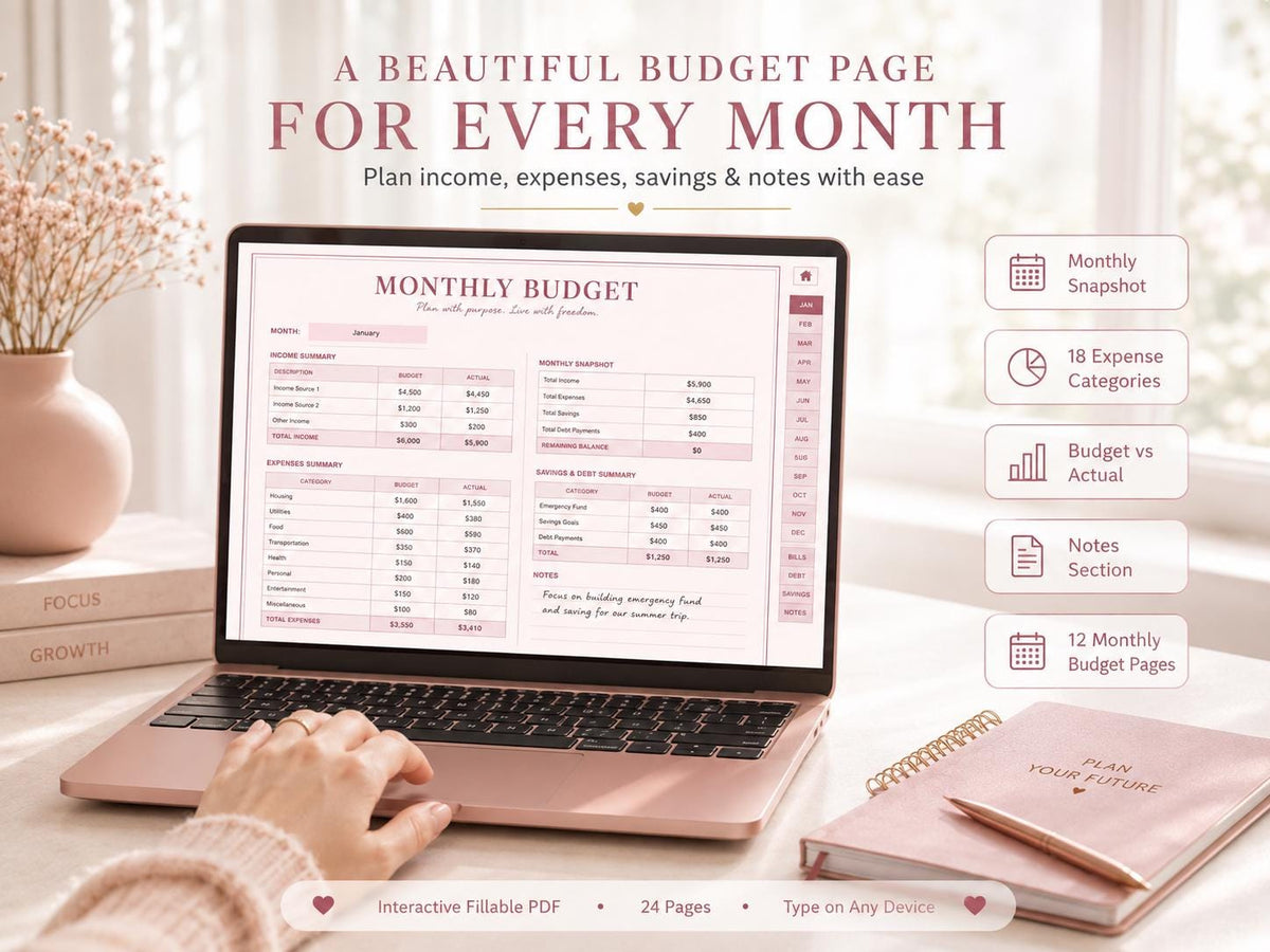 Money Mastery Annual Budget Planner: Fillable PDF, Rose Gold Design (Digital Download)