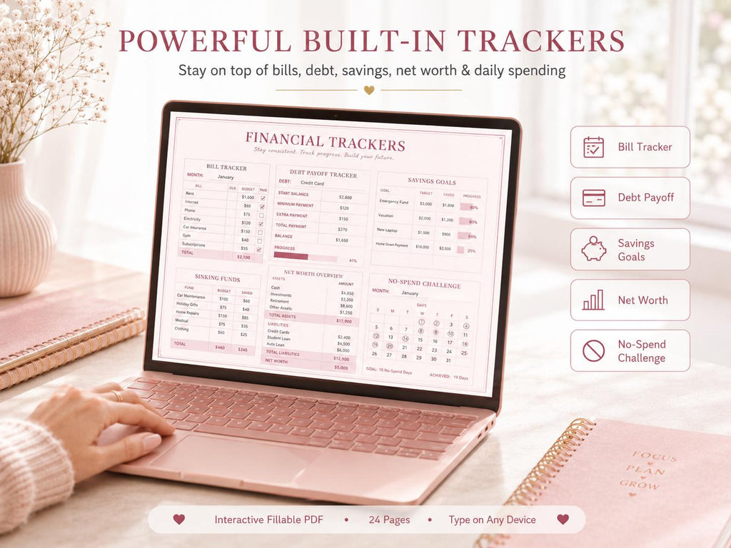 Money Mastery Annual Budget Planner: Fillable PDF, Rose Gold Design (Digital Download)