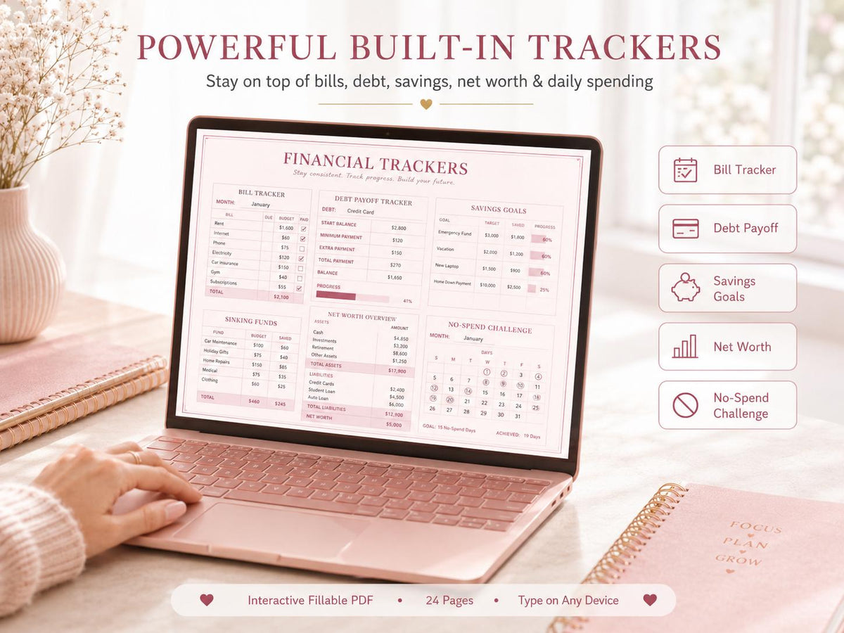 Money Mastery Annual Budget Planner: Fillable PDF, Rose Gold Design (Digital Download)