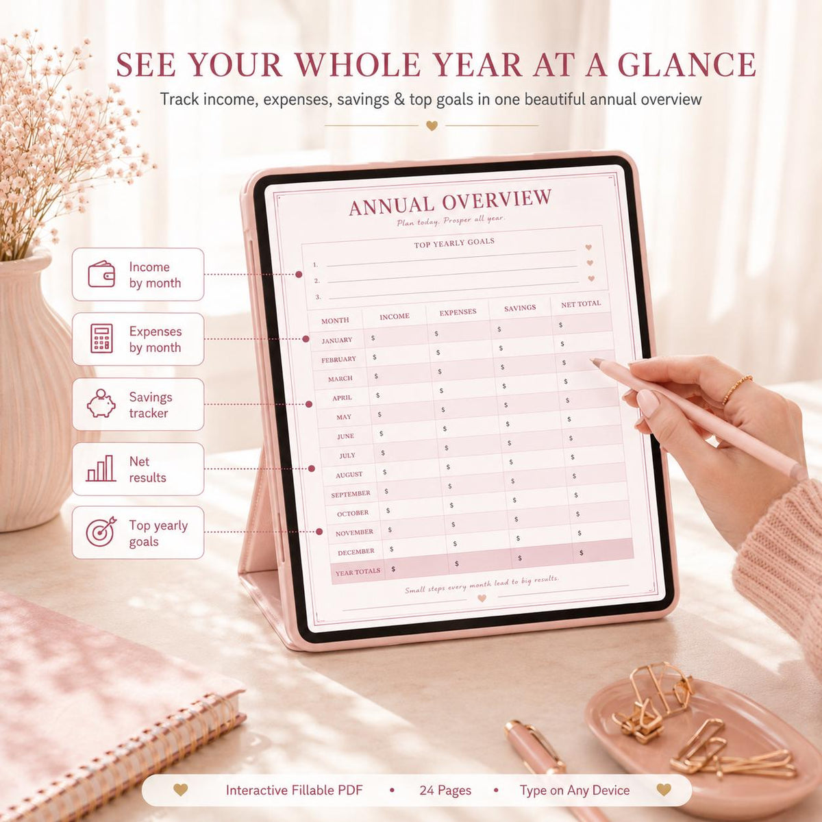 Money Mastery Annual Budget Planner: Fillable PDF, Rose Gold Design (Digital Download)
