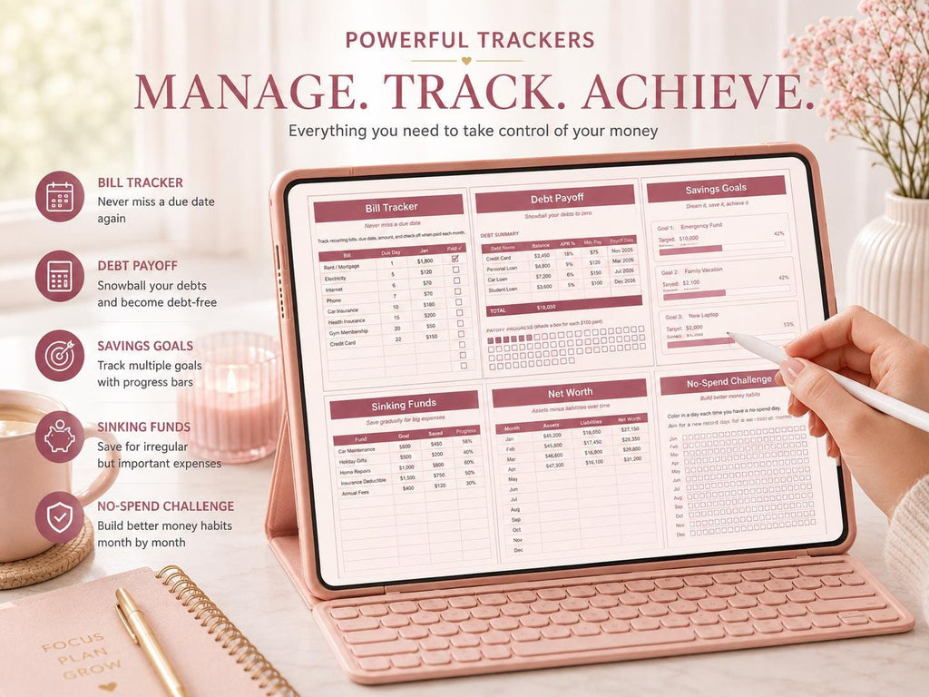 Money Mastery Annual Budget Planner: Fillable PDF, Rose Gold Design (Digital Download)