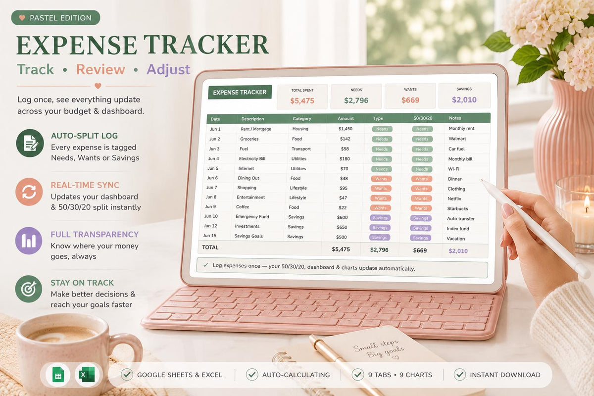 50/30/20 Budget Spreadsheet: Monthly Paycheck Planner (Google Sheets)