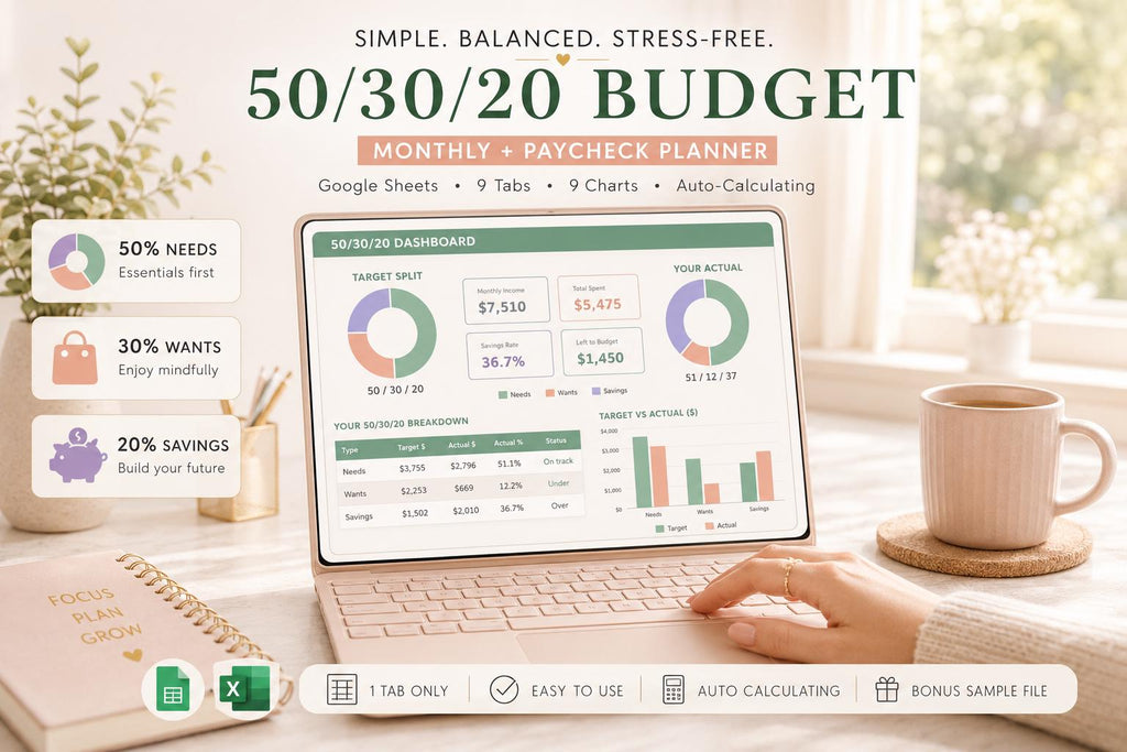 50/30/20 Budget Spreadsheet: Monthly Paycheck Planner (Google Sheets)