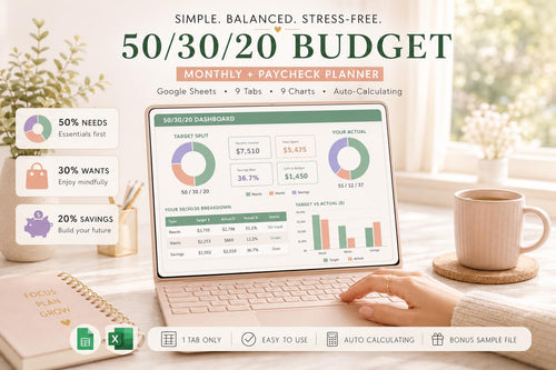 50/30/20 Budget Spreadsheet: Monthly Paycheck Planner (Google Sheets)