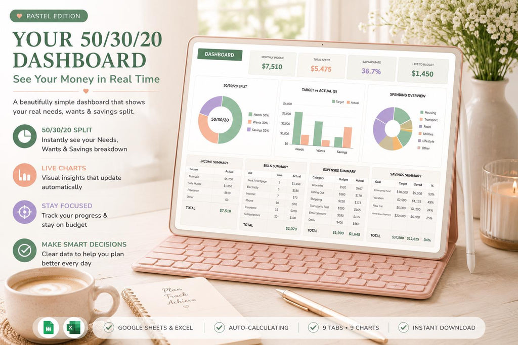 50/30/20 Budget Spreadsheet: Monthly Paycheck Planner (Google Sheets)