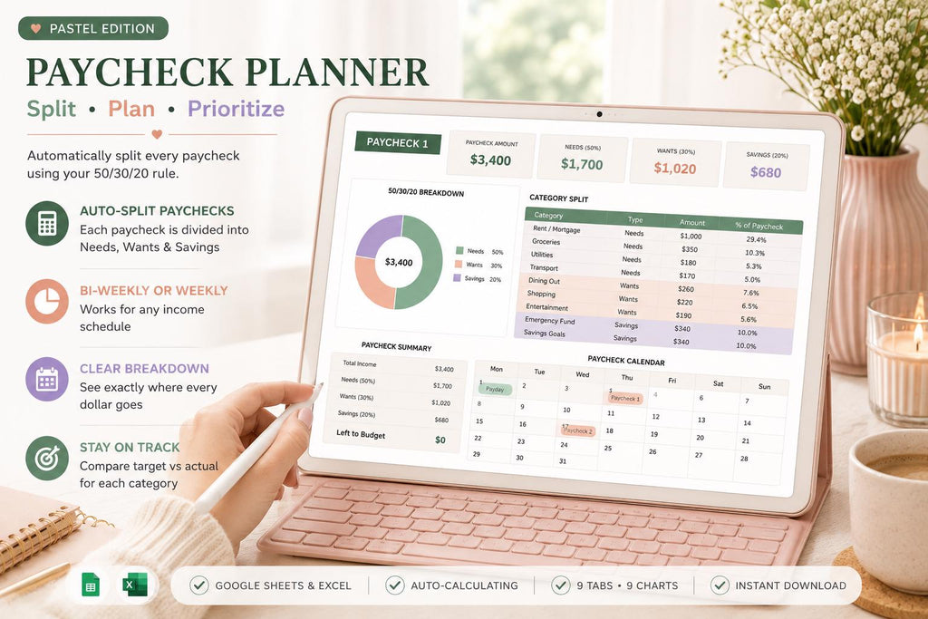 50/30/20 Budget Spreadsheet: Monthly Paycheck Planner (Google Sheets)