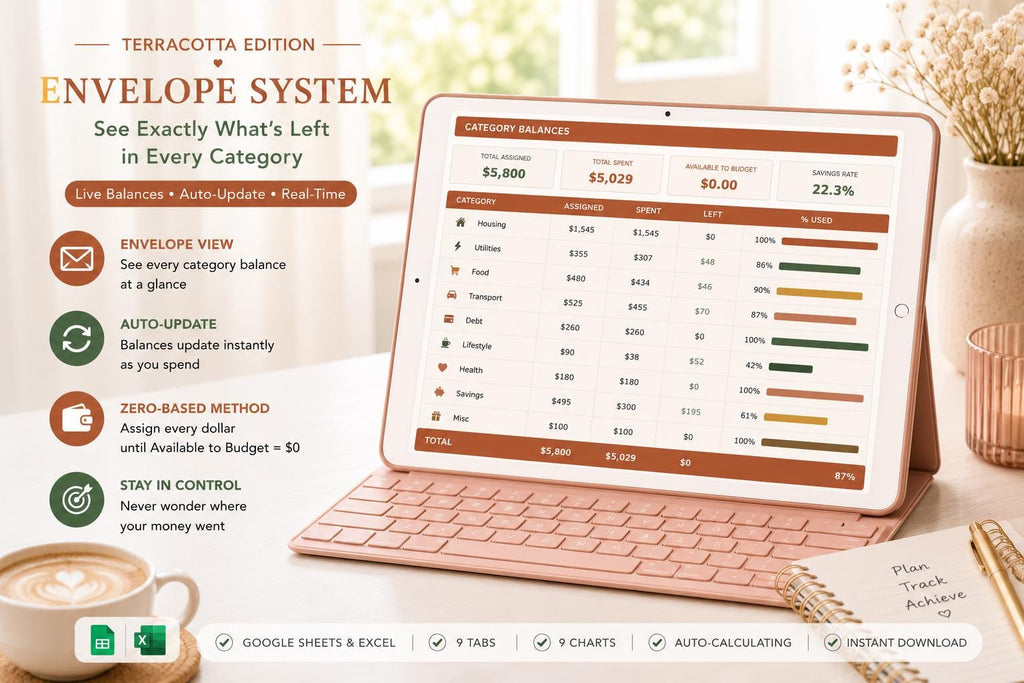 Zero-Based Budget Spreadsheet: Terracotta Edition, Google Sheets, 9 Charts (Digital Download)