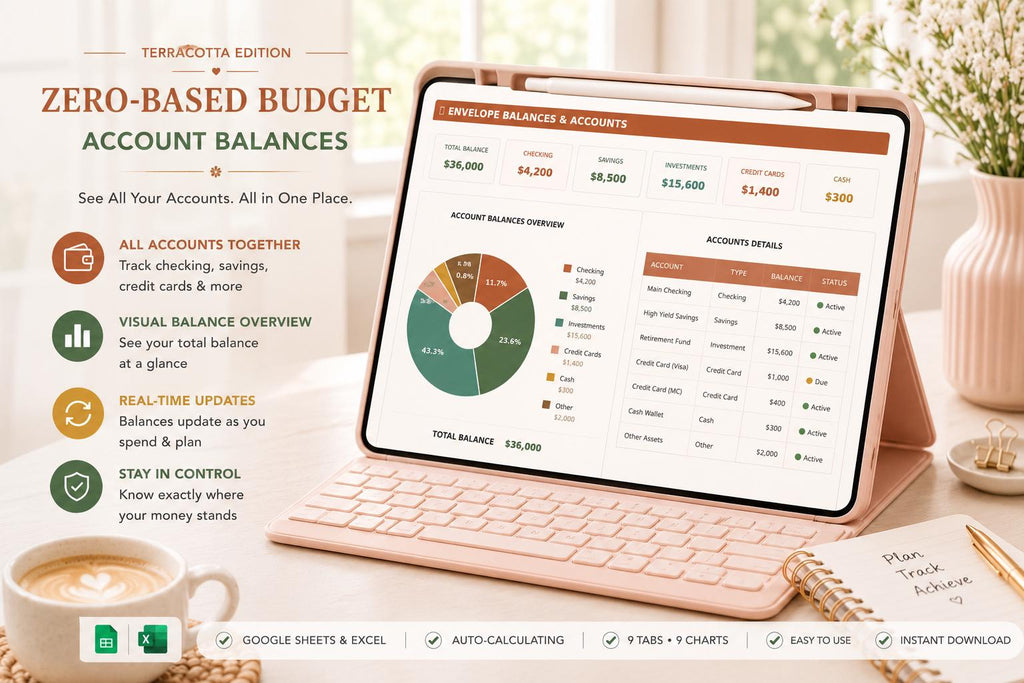 Zero-Based Budget Spreadsheet: Terracotta Edition, Google Sheets, 9 Charts (Digital Download)