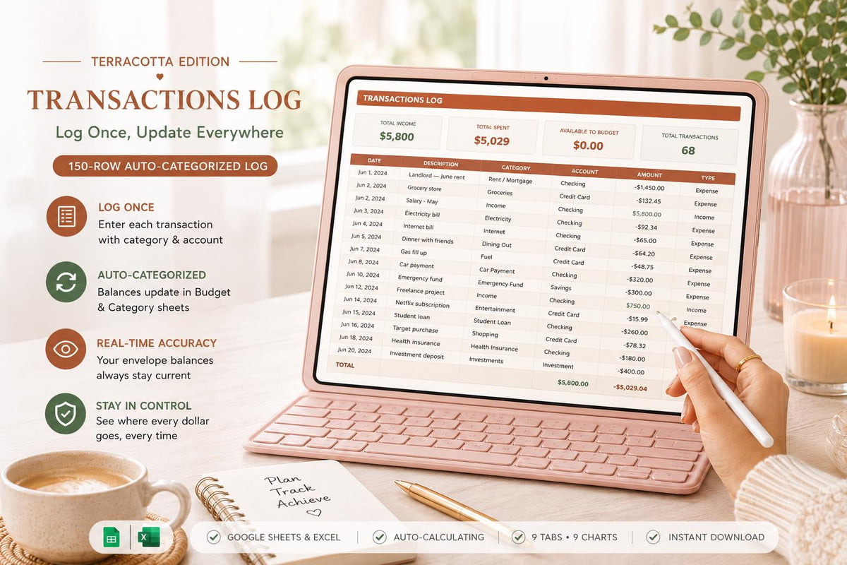 Zero-Based Budget Spreadsheet: Terracotta Edition, Google Sheets, 9 Charts (Digital Download)