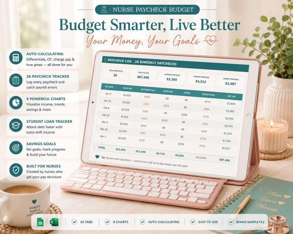 Nurse Paycheck Budget Spreadsheet: Shift Income Planner, RN Salary Tracker (Google Sheets)