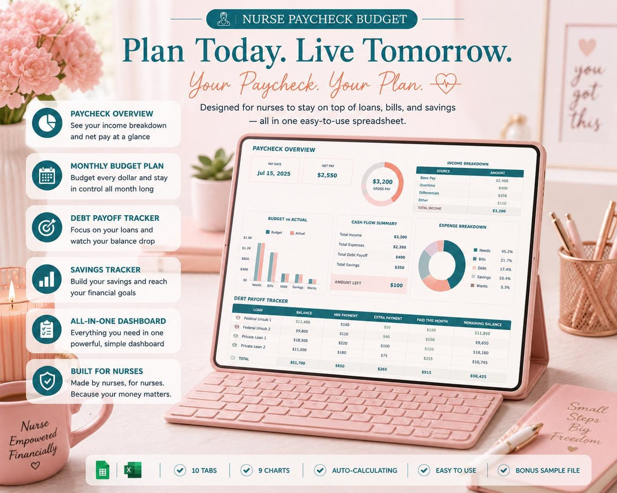 Nurse Paycheck Budget Spreadsheet: Shift Income Planner, RN Salary Tracker (Google Sheets)