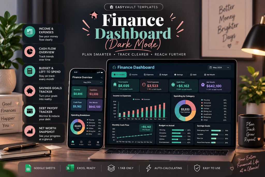 Dark Mode Personal Finance Dashboard: All-in-One Budget Tracker (Google Sheets)