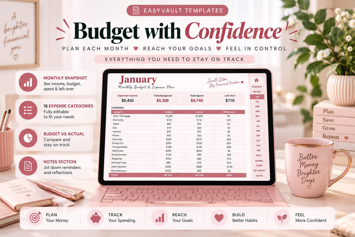 Money Mastery Annual Budget Planner: Fillable PDF, Rose Gold Design (Digital Download)