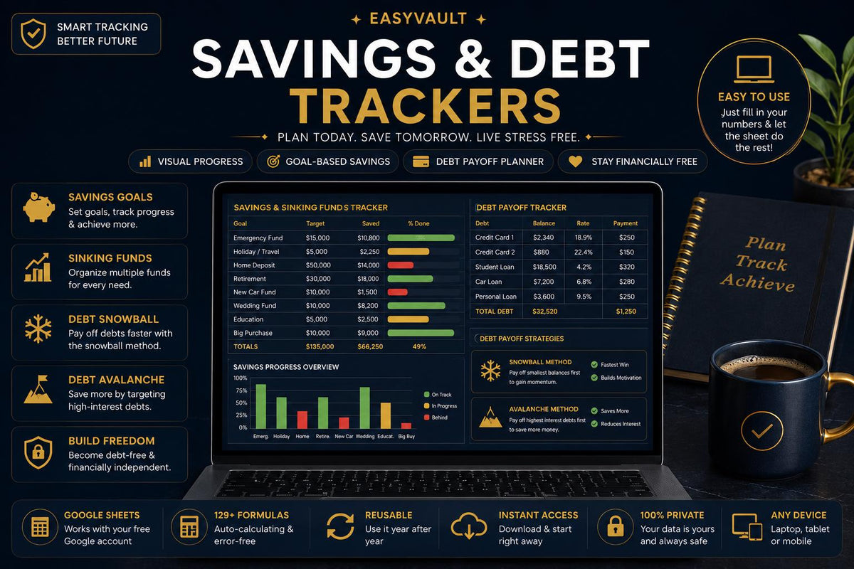 Dark Mode Paycheck Budget Planner | Navy Gold 50/30/20 Calculator (Google Sheets)