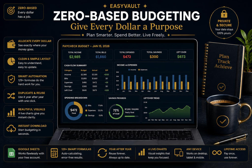 Dark Mode Paycheck Budget Planner | Navy Gold 50/30/20 Calculator (Google Sheets)