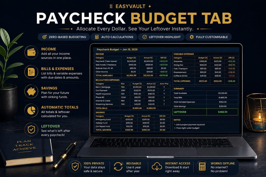 Dark Mode Paycheck Budget Planner | Navy Gold 50/30/20 Calculator (Google Sheets)
