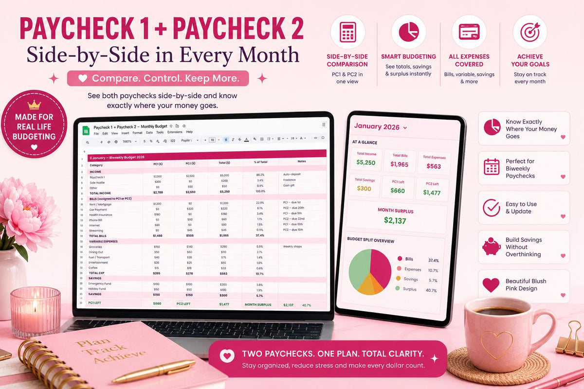 Biweekly Budget Planner | PC1/PC2 Monthly View, 816 Formulas (Google Sheets)