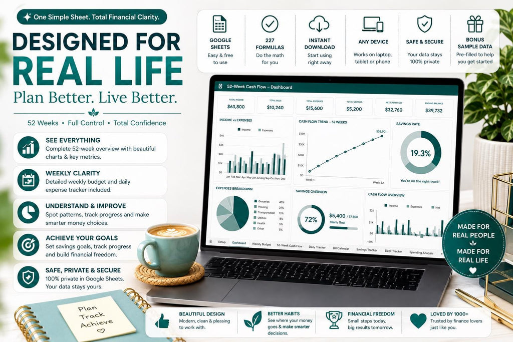 52-Week Cash Flow Tracker | Weekly Budget Planner with Running Balance (Google Sheets)